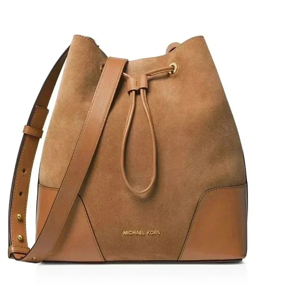 Michael Kors Cary Medium Suede Bucket Bag Purse Brown Shoulder Satchel Crossbody - Picture 2 of 15